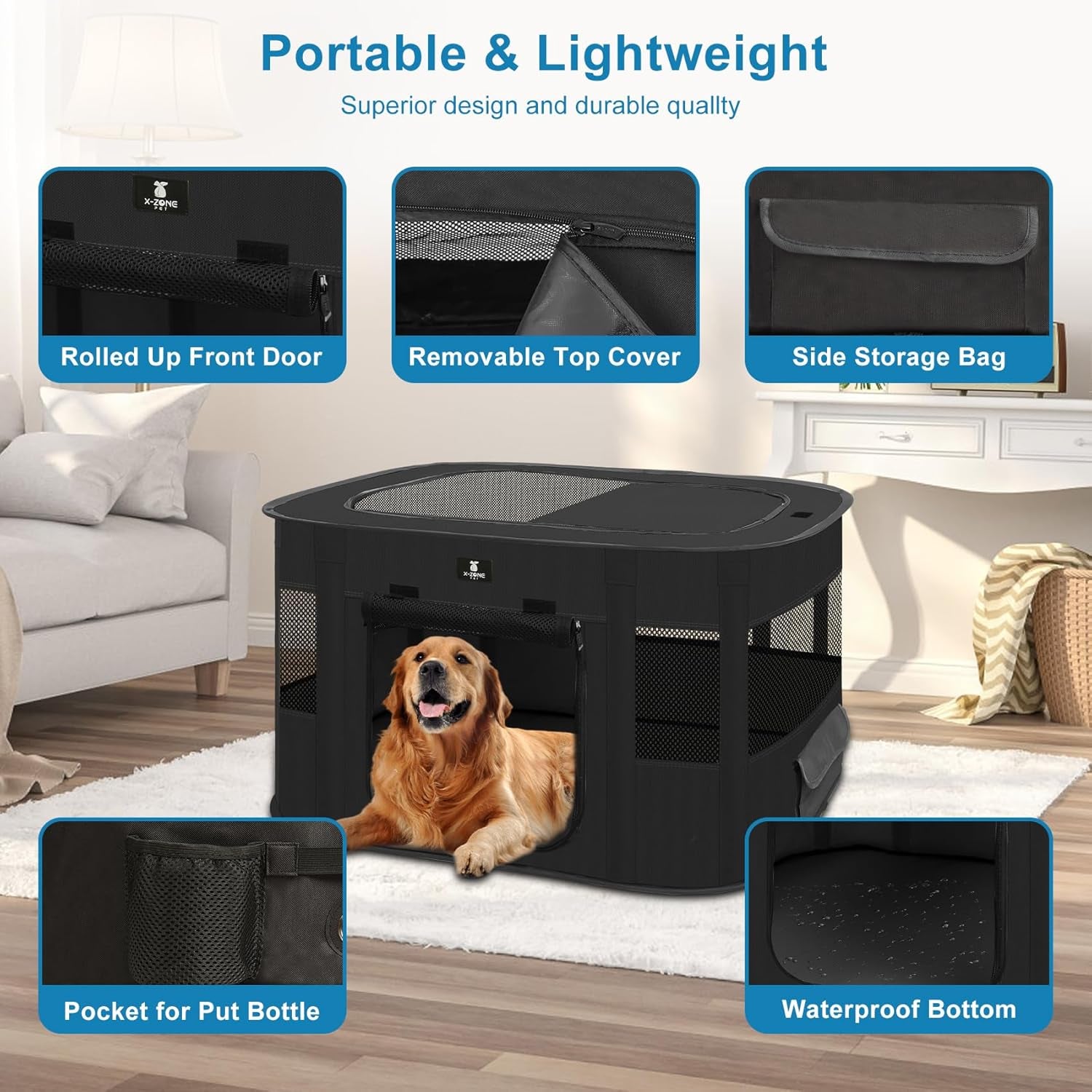Dog Playpen, Puppy Cat Play Pen Portable Foldable Indoor/Outdoor Tent Crate Cage, Portable Pet Crate Medium Size Black 33"
