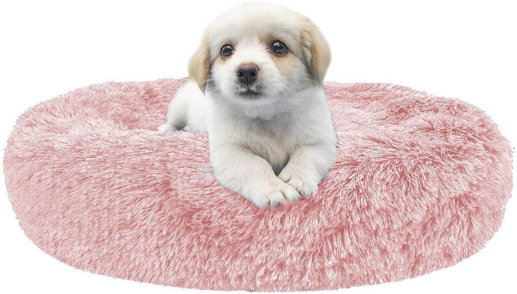 Calming Donut Dog Bed Faux Fur Pet Bed Self Warming Cuddler Washable round Pet Bed Cat Bed Comfortable round Plush Indoor Sleeping Dog Beds Cat Cushion Bed for Large Dogs 31" Pink