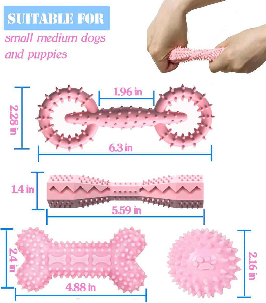 4 Pack Puppy Teething Chew Toys for Small Medium Dogs Pink Girl Dog Toy Set | 2-8 Months Puppies Ball Rubber Bone Cute Soft Durable Interactive Treat Dispensing Dental Care Teeth Clean