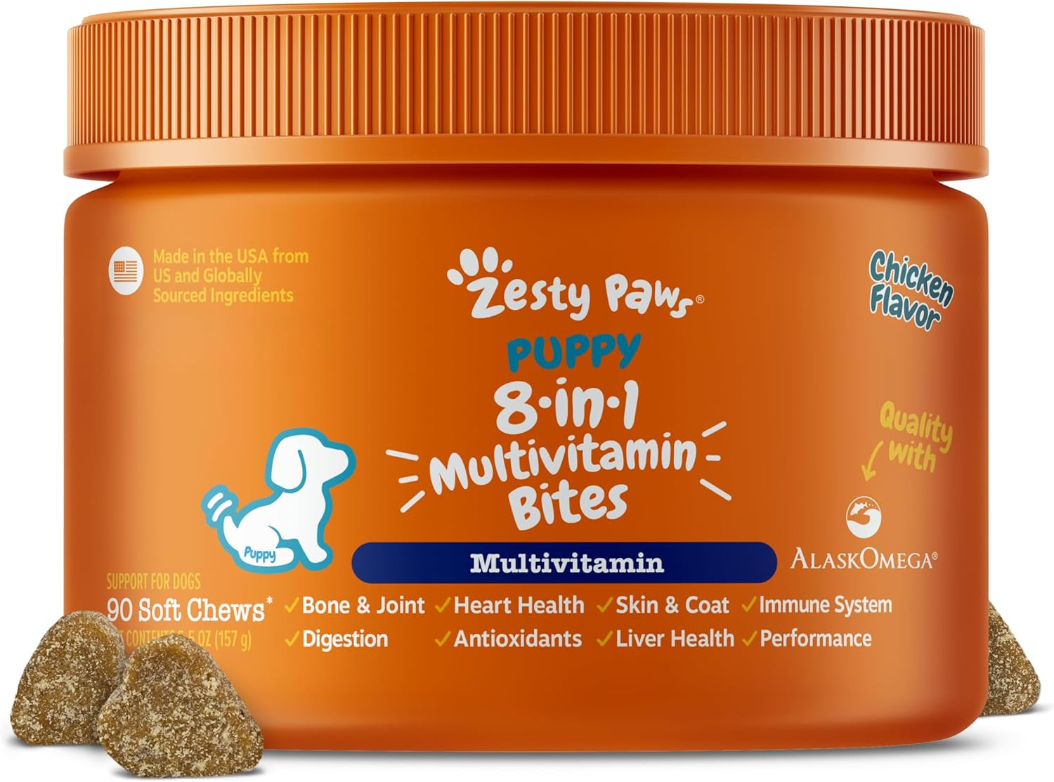 Zesty Paws Dog Multivitamin, Chewable Dog Vitamins and Supplements for Hip & Joints, Skin & Coat, Omega 3 Fish Oil for Dogs- Puppy Multivitamin - Chicken Puppy Bites- 90Ct