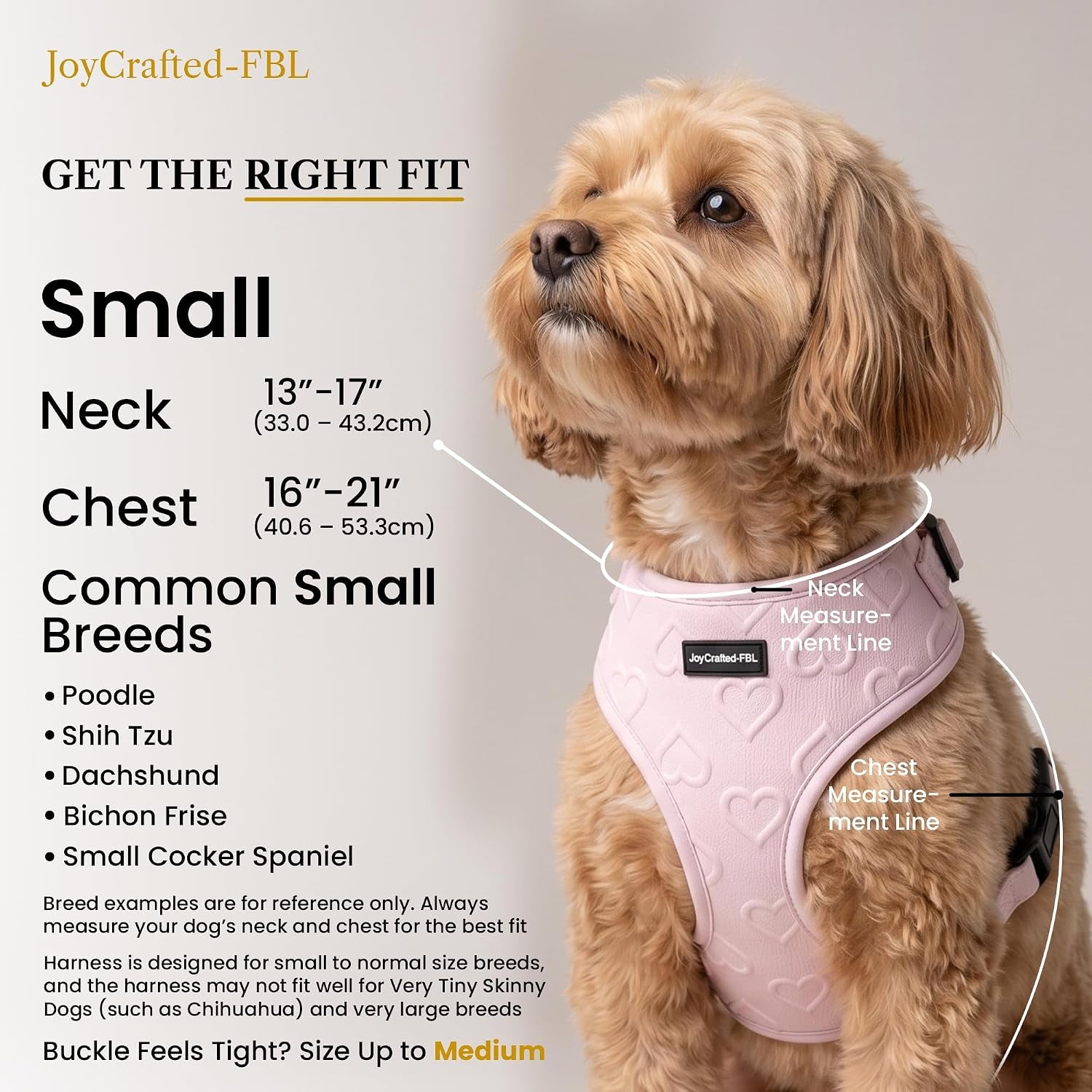 No Pull Harness for Small Sized Dog - Lightweight Breathable Neoprene Harnesses, Cute Heart Pattern, Adjustable Vest with Secure Back D-Ring, Soft Padded - Neck (13" - 17") Chest (16" - 21")