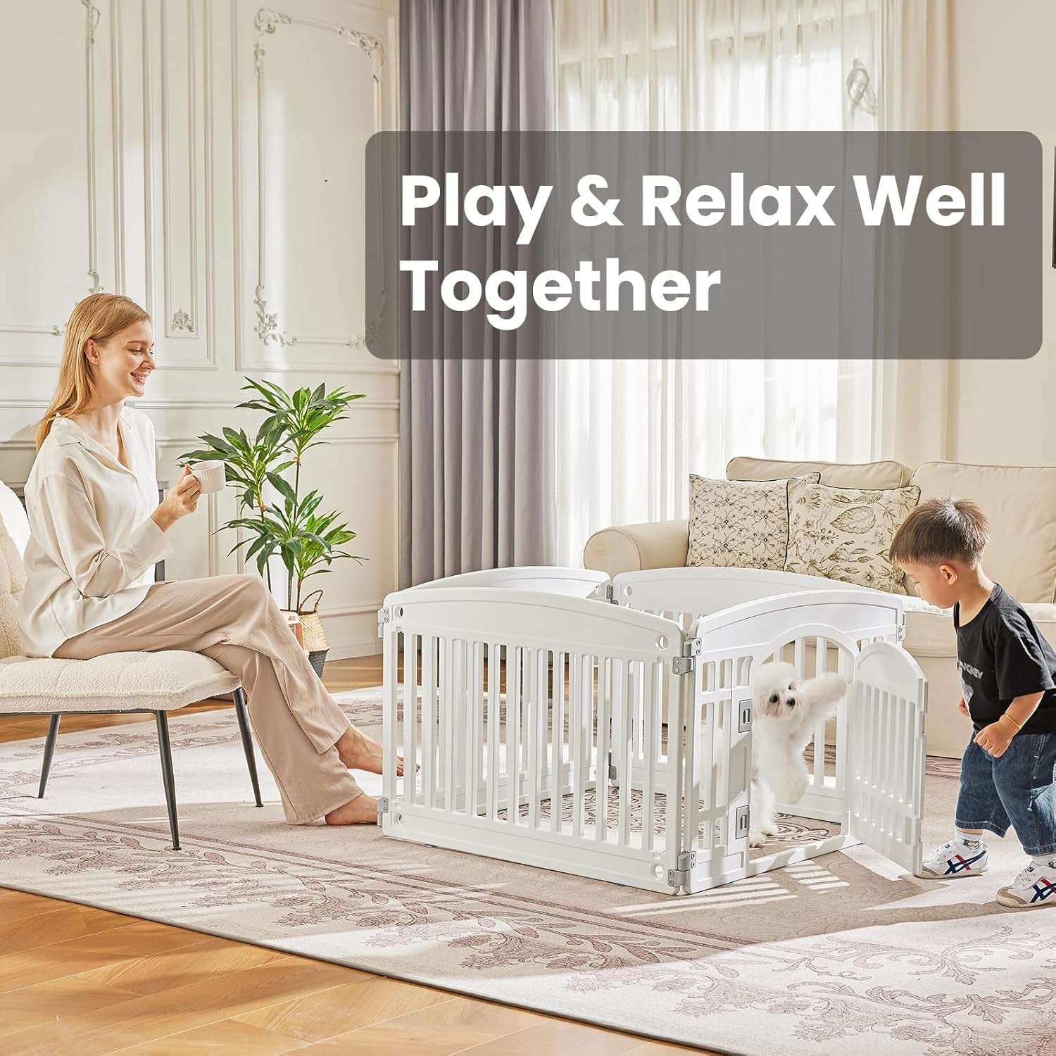 Plastic Dog Playpen - 4-Panel 24" Expandable & Durable Pet Fence for Medium Dogs - Indoor & Outdoor Portable Puppy Playpen with Secure Locking Door, White