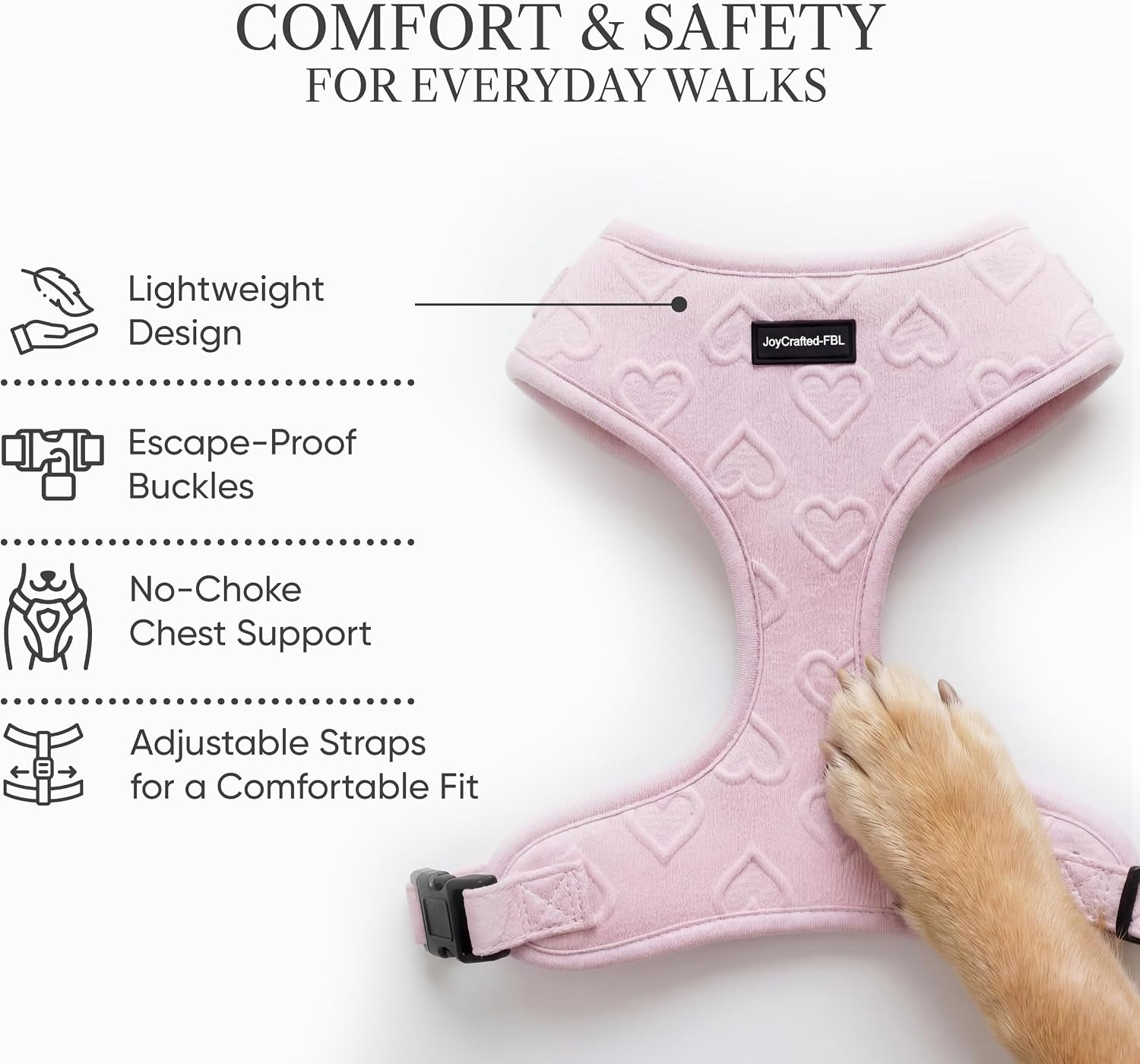 No Pull Harness for Small Sized Dog - Lightweight Breathable Neoprene Harnesses, Cute Heart Pattern, Adjustable Vest with Secure Back D-Ring, Soft Padded - Neck (13" - 17") Chest (16" - 21")