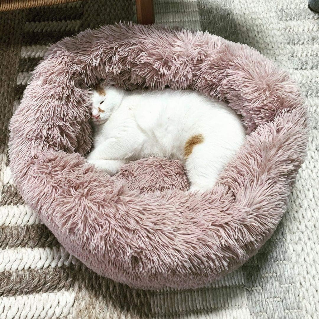 Calming Donut Dog Bed Faux Fur Pet Bed Self Warming Cuddler Washable round Pet Bed Cat Bed Comfortable round Plush Indoor Sleeping Dog Beds Cat Cushion Bed for Large Dogs 31" Pink