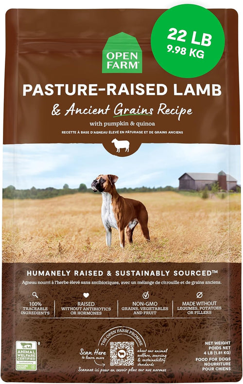Ancient Grains Dry Dog Food, Pasture Raised Lamb Kibble, 22Lb Bag | All Life Stages, All Breed Sizes, Protein-Rich & Nutrient Dense, 100% Traceable Ingredients, Non-Gmo Fruits & Veggies.