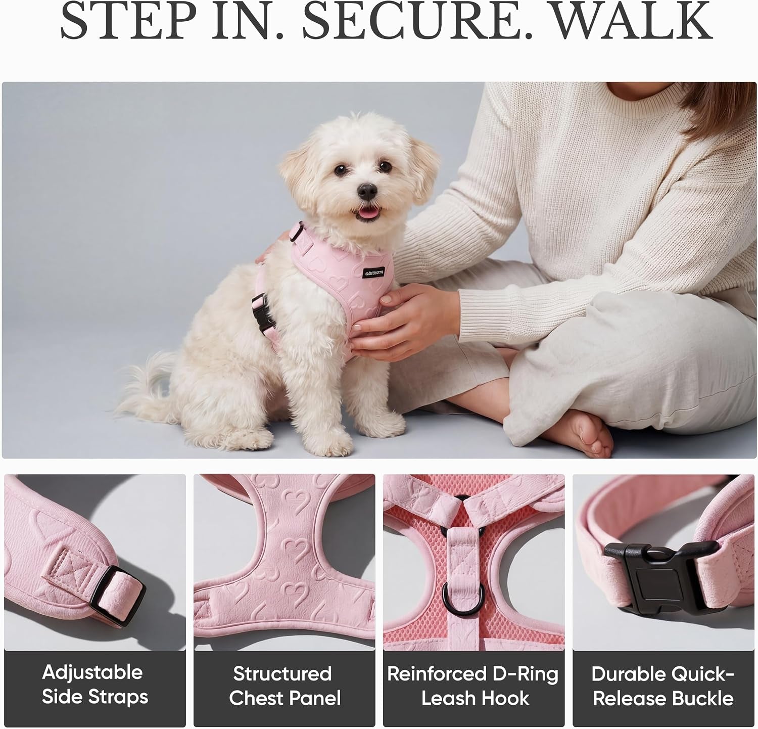 No Pull Harness for Small Sized Dog - Lightweight Breathable Neoprene Harnesses, Cute Heart Pattern, Adjustable Vest with Secure Back D-Ring, Soft Padded - Neck (13" - 17") Chest (16" - 21")