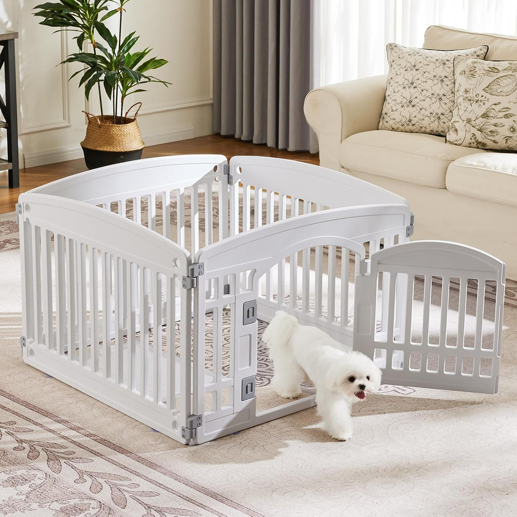Plastic Dog Playpen - 4-Panel 24" Expandable & Durable Pet Fence for Medium Dogs - Indoor & Outdoor Portable Puppy Playpen with Secure Locking Door, White