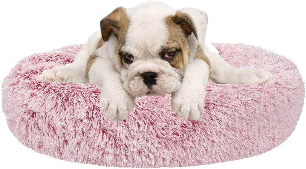 Calming Donut Dog Bed Faux Fur Pet Bed Self Warming Cuddler Washable round Pet Bed Cat Bed Comfortable round Plush Indoor Sleeping Dog Beds Cat Cushion Bed for Large Dogs 31" Pink