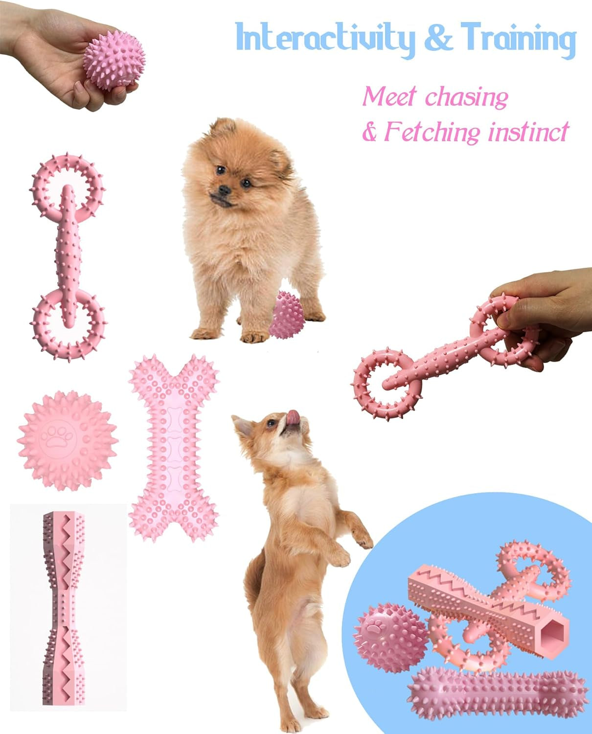 4 Pack Puppy Teething Chew Toys for Small Medium Dogs Pink Girl Dog Toy Set | 2-8 Months Puppies Ball Rubber Bone Cute Soft Durable Interactive Treat Dispensing Dental Care Teeth Clean