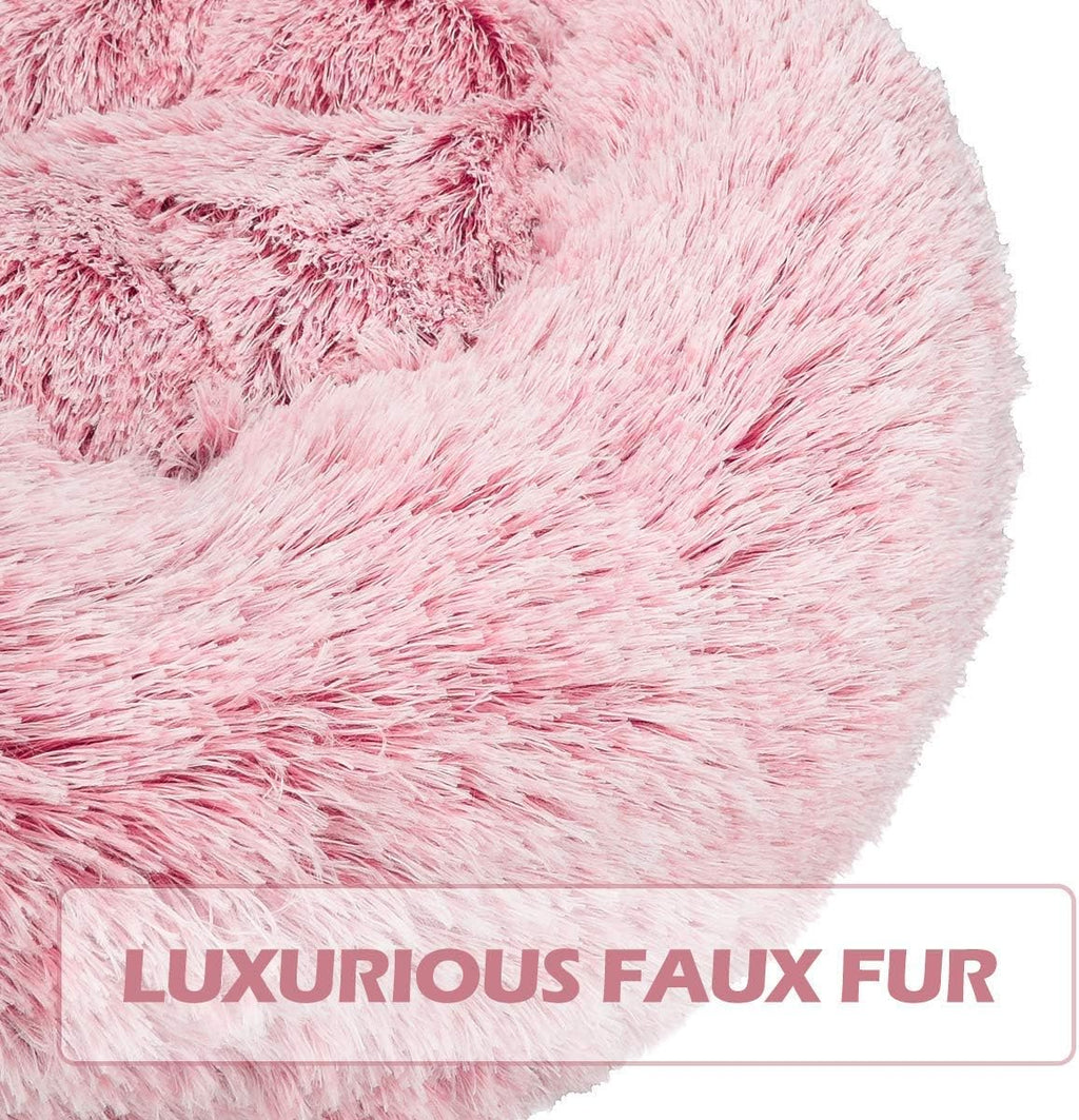 Calming Donut Dog Bed Faux Fur Pet Bed Self Warming Cuddler Washable round Pet Bed Cat Bed Comfortable round Plush Indoor Sleeping Dog Beds Cat Cushion Bed for Large Dogs 31" Pink