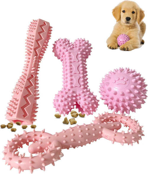 4 Pack Puppy Teething Chew Toys for Small Medium Dogs Pink Girl Dog Toy Set | 2-8 Months Puppies Ball Rubber Bone Cute Soft Durable Interactive Treat Dispensing Dental Care Teeth Clean