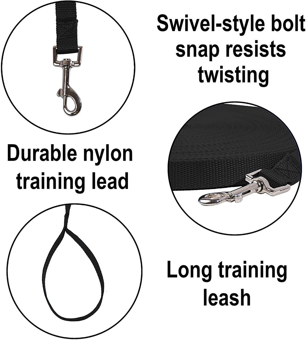 Dog/Puppy Obedience Recall Training Agility Lead - 15Ft 20Ft 30Ft 50Ft 100Ft Leash - Great for Play, Camping, or Backyard - Black