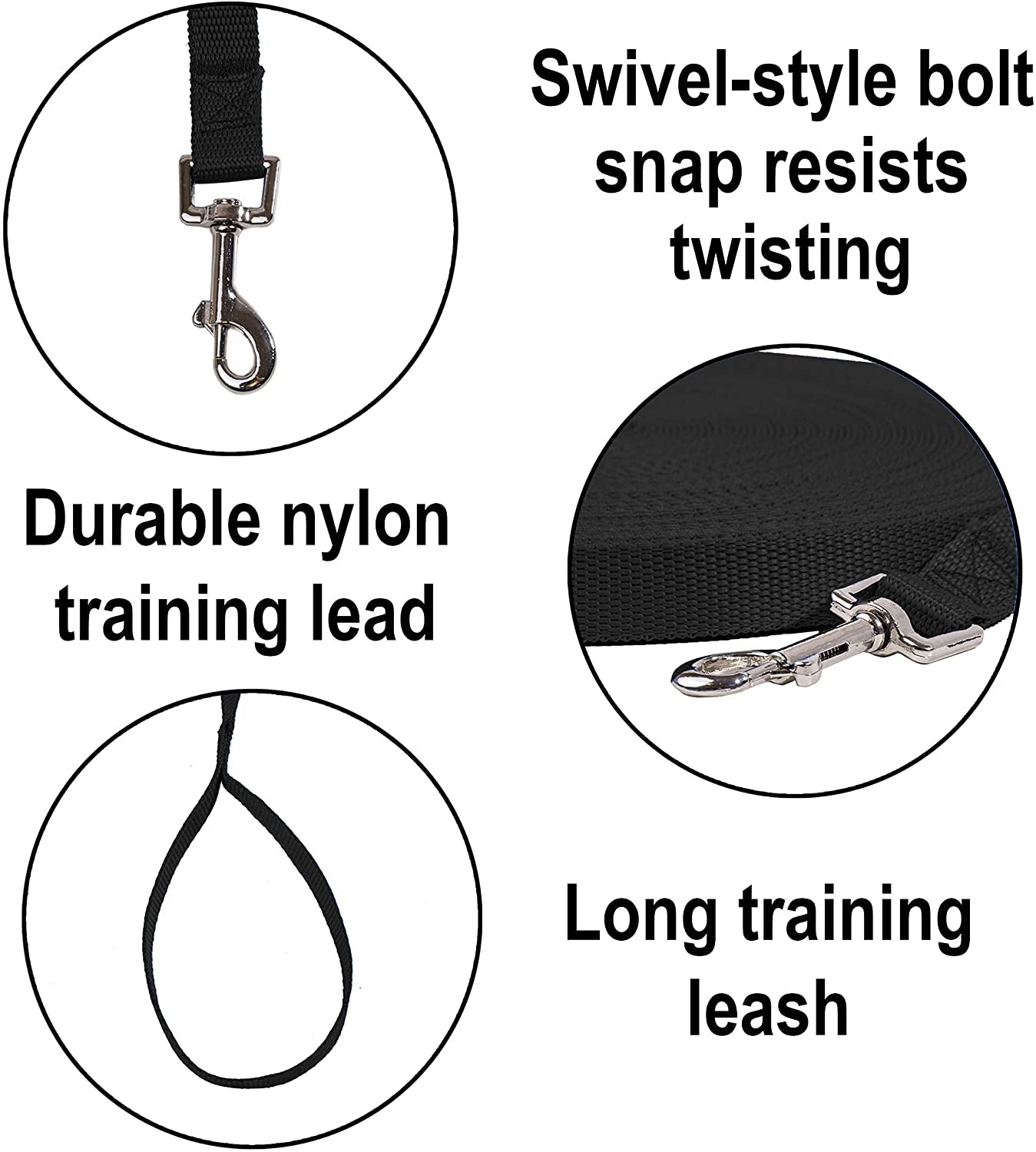 Dog/Puppy Obedience Recall Training Agility Lead - 15Ft 20Ft 30Ft 50Ft 100Ft Leash - Great for Play, Camping, or Backyard - Black