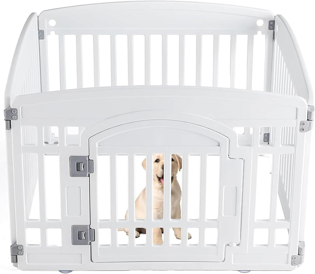 Plastic Dog Playpen - 4-Panel 24" Expandable & Durable Pet Fence for Medium Dogs - Indoor & Outdoor Portable Puppy Playpen with Secure Locking Door, White
