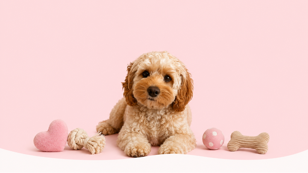 A small fluffy tan dog lies on a pink studio background with pink and beige pet toys around it.